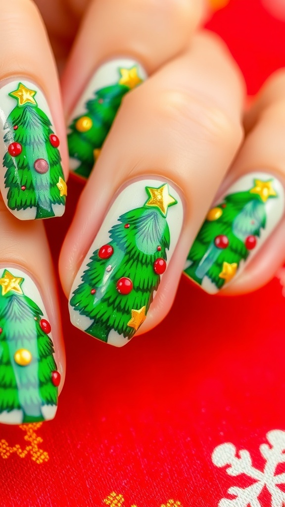 Christmas tree nail art with green trees, colorful ornaments, and a star on a festive background.